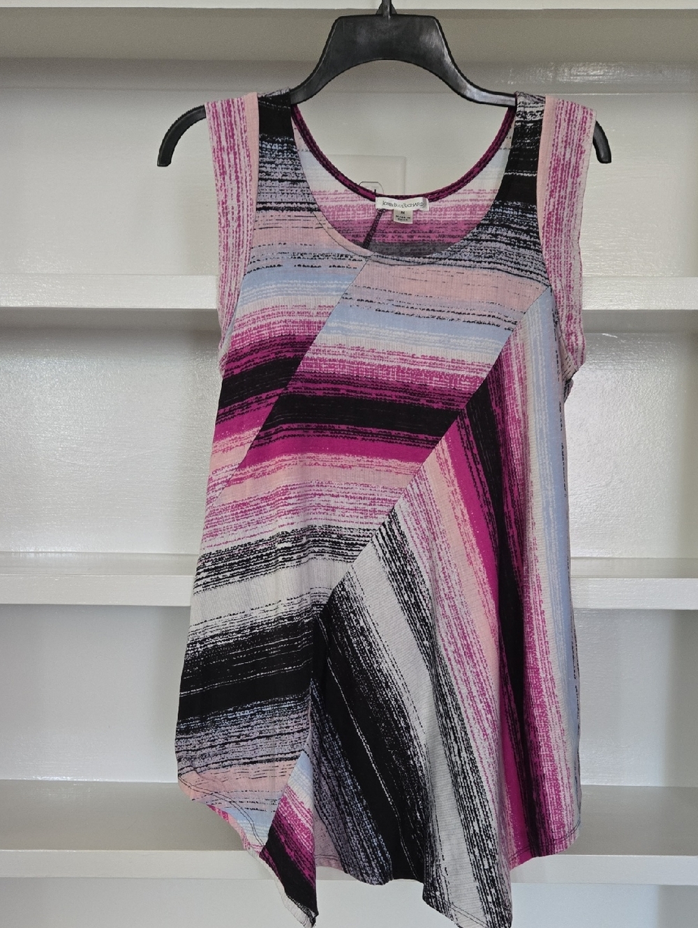 JohnPaulRichard Pink, Black and Light Blue Striped Asymmetrical Sleeveless Tunic